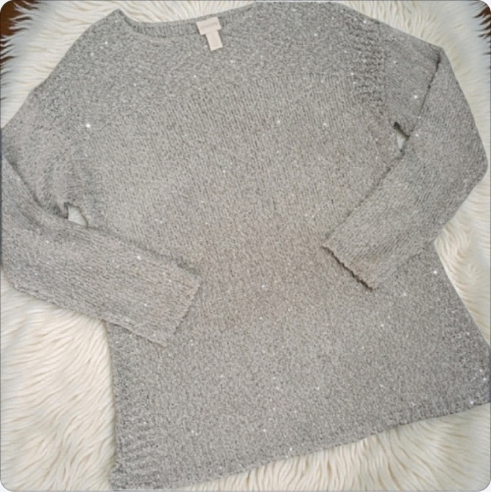 Chico's Tunic length Drop shoulder Gray Sweater with Sequins Size L - Picture 2 of 10